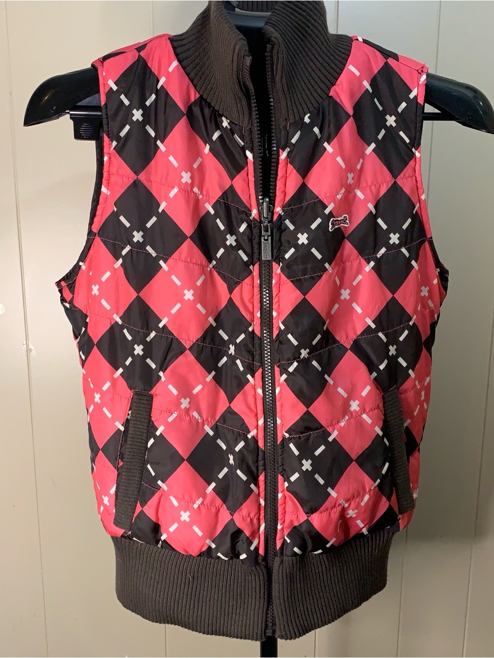 Women’s 8 Le Tigre Pink & Brown Argyle Quilted Zip-Up Vest reversible